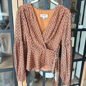 Porridge Block print blouse top wrap side tie long sleeve rust floral babydoll